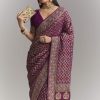 Purple Banarasi Georgette Embroidered Saree With Heavy Hand Embroidery
