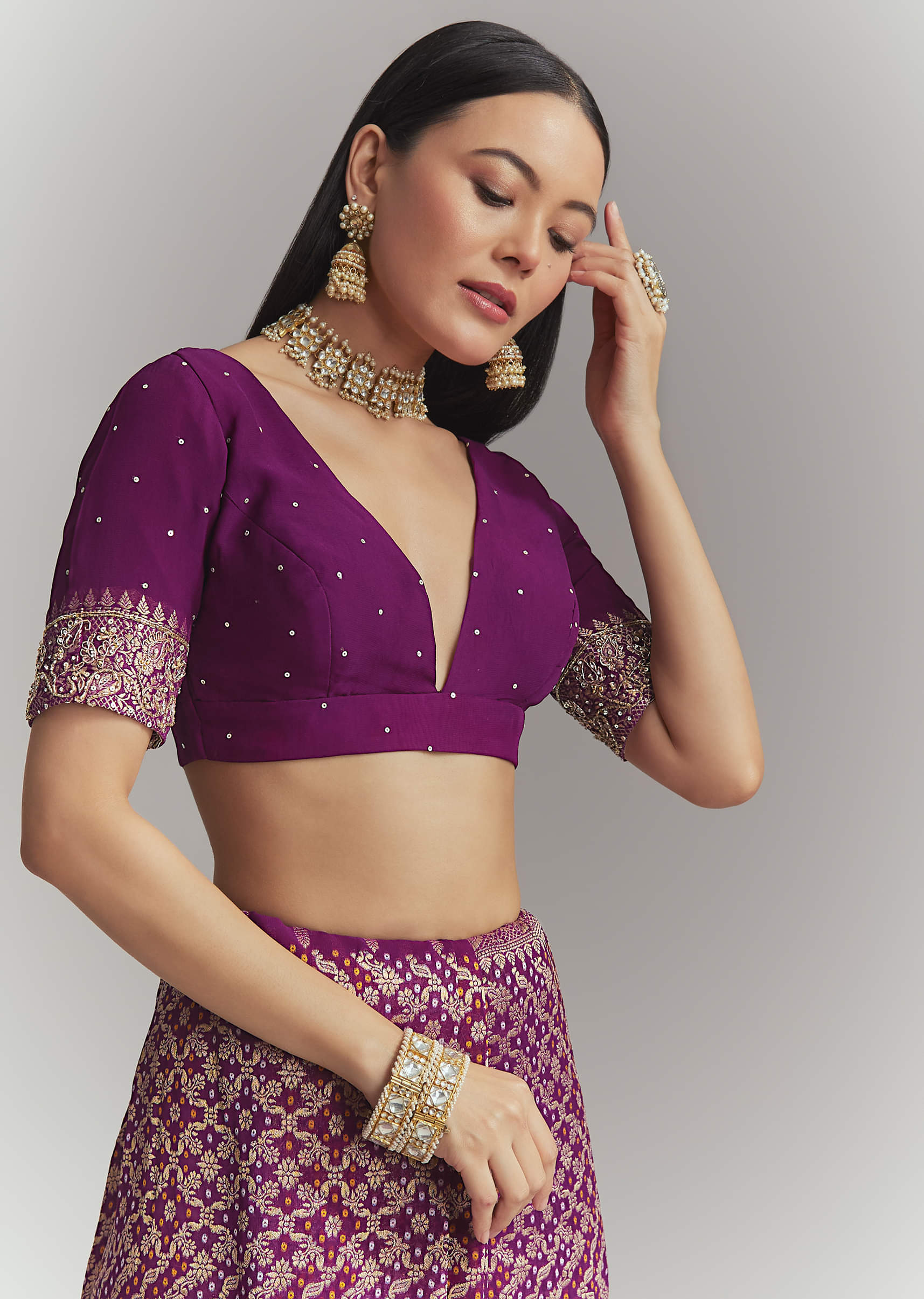 Purple Banarasi Georgette Embroidered Saree With Heavy Hand Embroidery