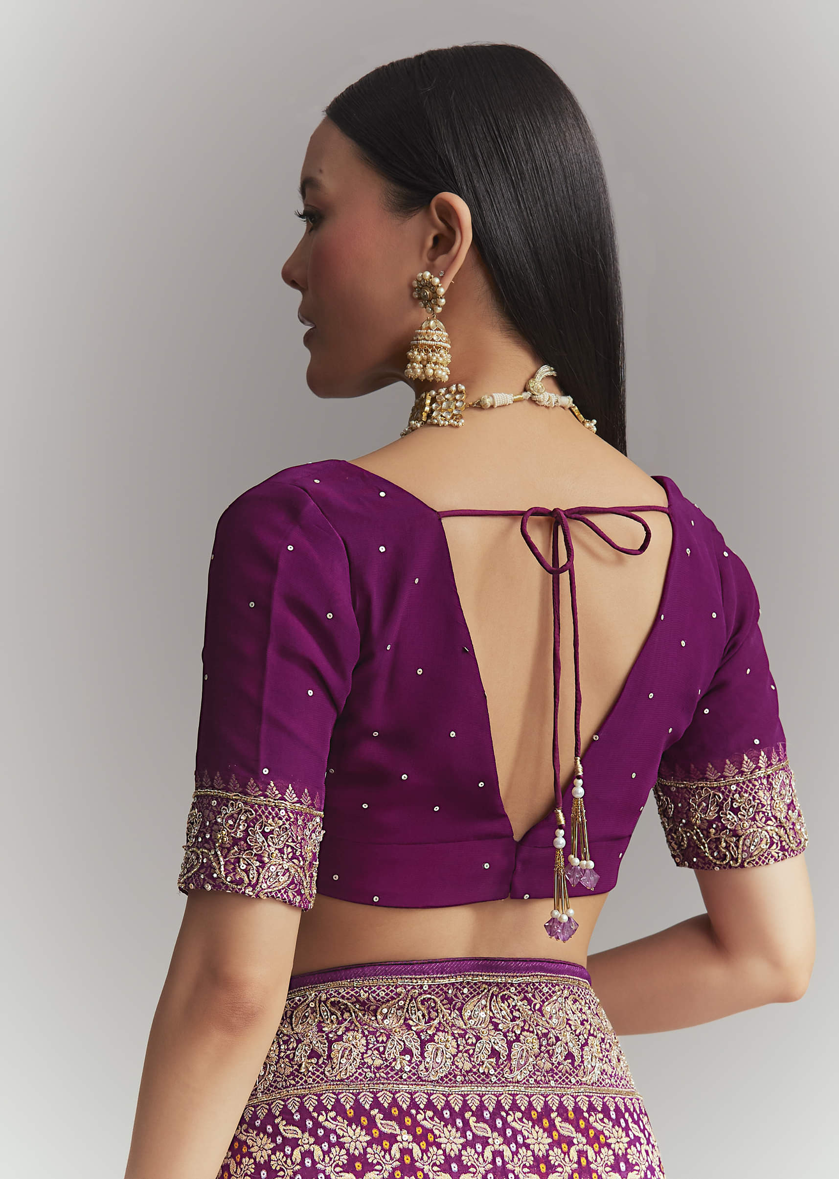 Purple Banarasi Georgette Embroidered Saree With Heavy Hand Embroidery