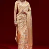 Golden Banarasi Tissue Saree With Multicolour Floral Weave And Paithani Motif Border