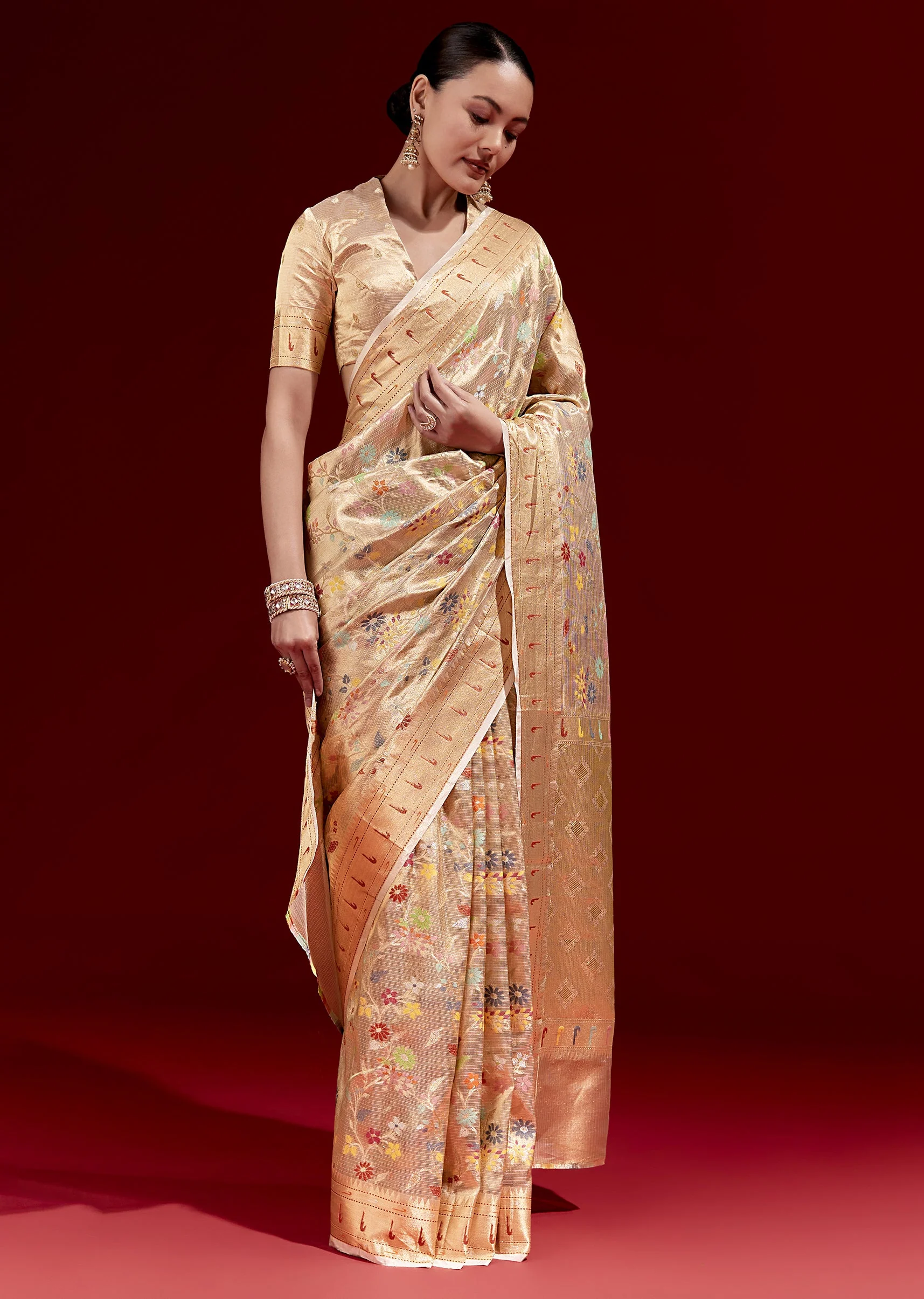 21346-golden-banarasi-tissue-saree-with-multicolour-floral-weave-and-paithani-motif-border-1.webp Golden Banarasi Tissue Saree With Multicolour Floral Weave And Paithani Motif Border