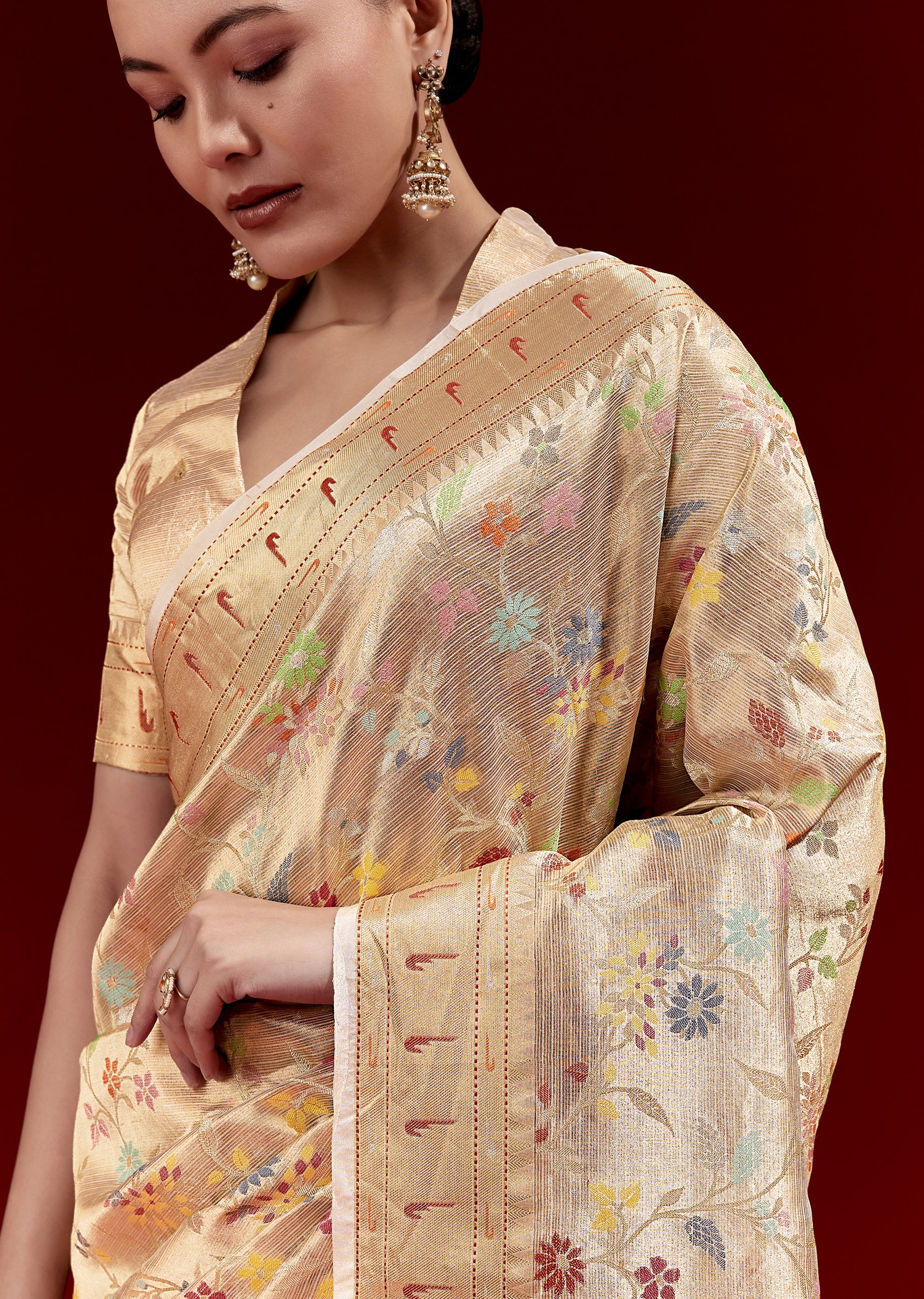 Golden Banarasi Tissue Saree With Multicolour Floral Weave And Paithani Motif Border