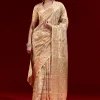 Golden Banarasi Tissue Saree With Multicolour Floral Weave And Paithani Motif Border