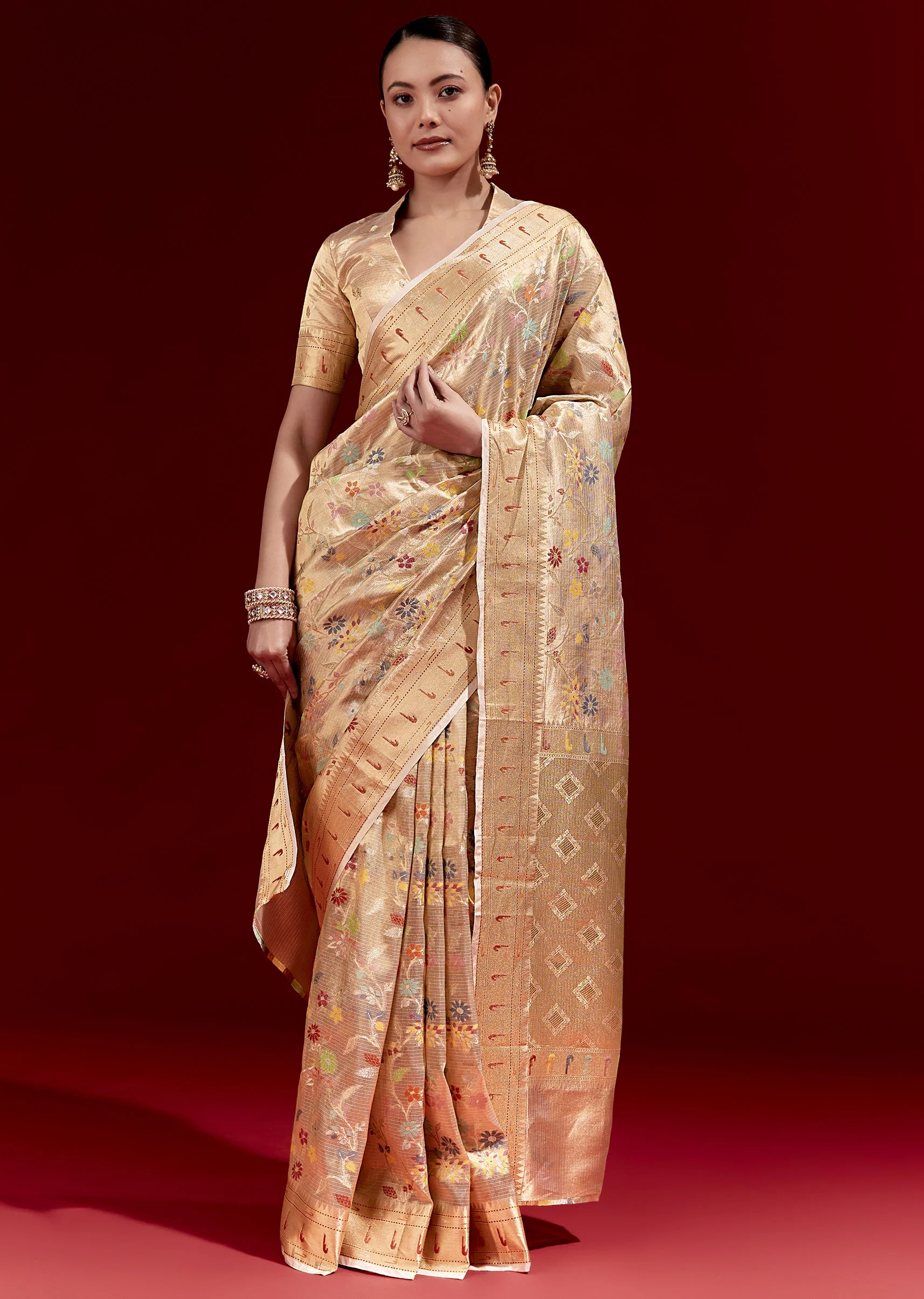 Golden Banarasi Tissue Saree With Multicolour Floral Weave And Paithani Motif Border