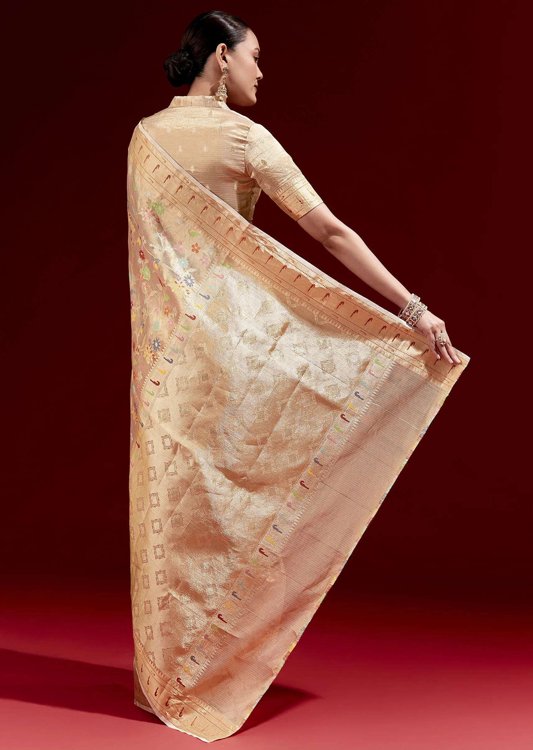 Golden Banarasi Tissue Saree With Multicolour Floral Weave And Paithani Motif Border