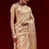 Golden Banarasi Tissue Saree With Multicolour Floral Weave And Paithani Motif Border