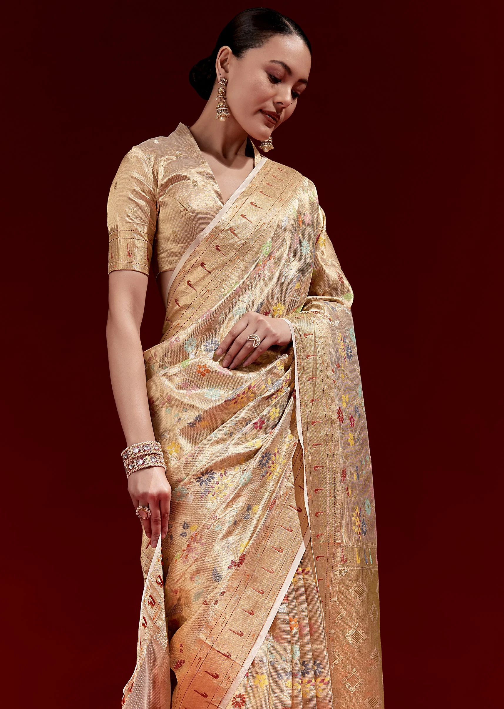 Golden Banarasi Tissue Saree With Multicolour Floral Weave And Paithani Motif Border
