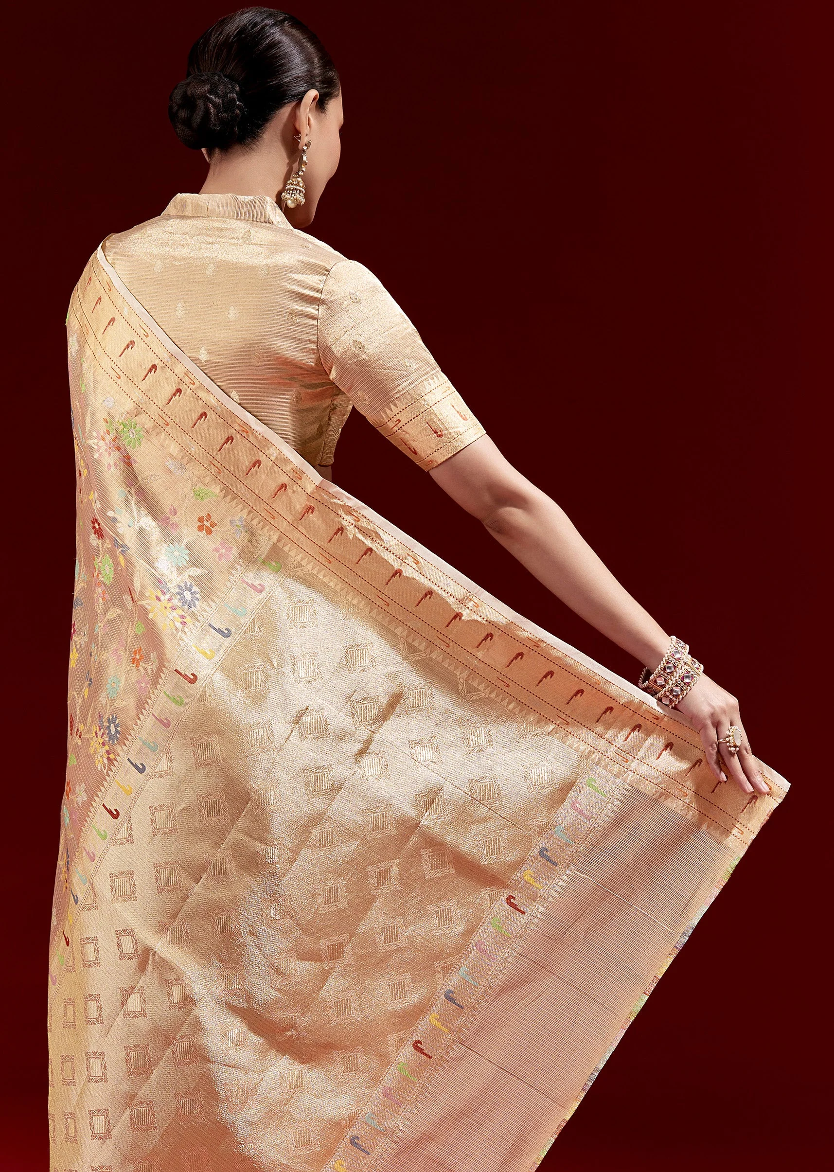 Golden Banarasi Tissue Saree With Multicolour Floral Weave And Paithani Motif Border