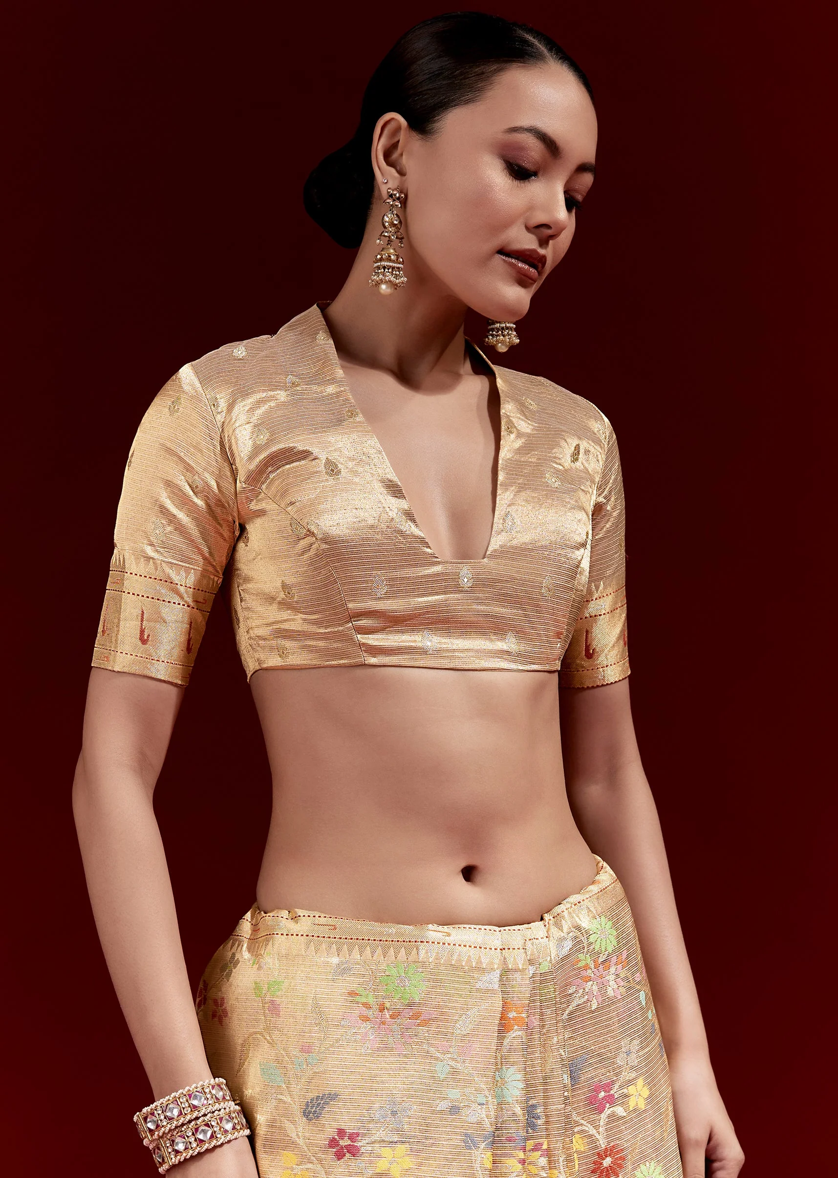 Golden Banarasi Tissue Saree With Multicolour Floral Weave And Paithani Motif Border