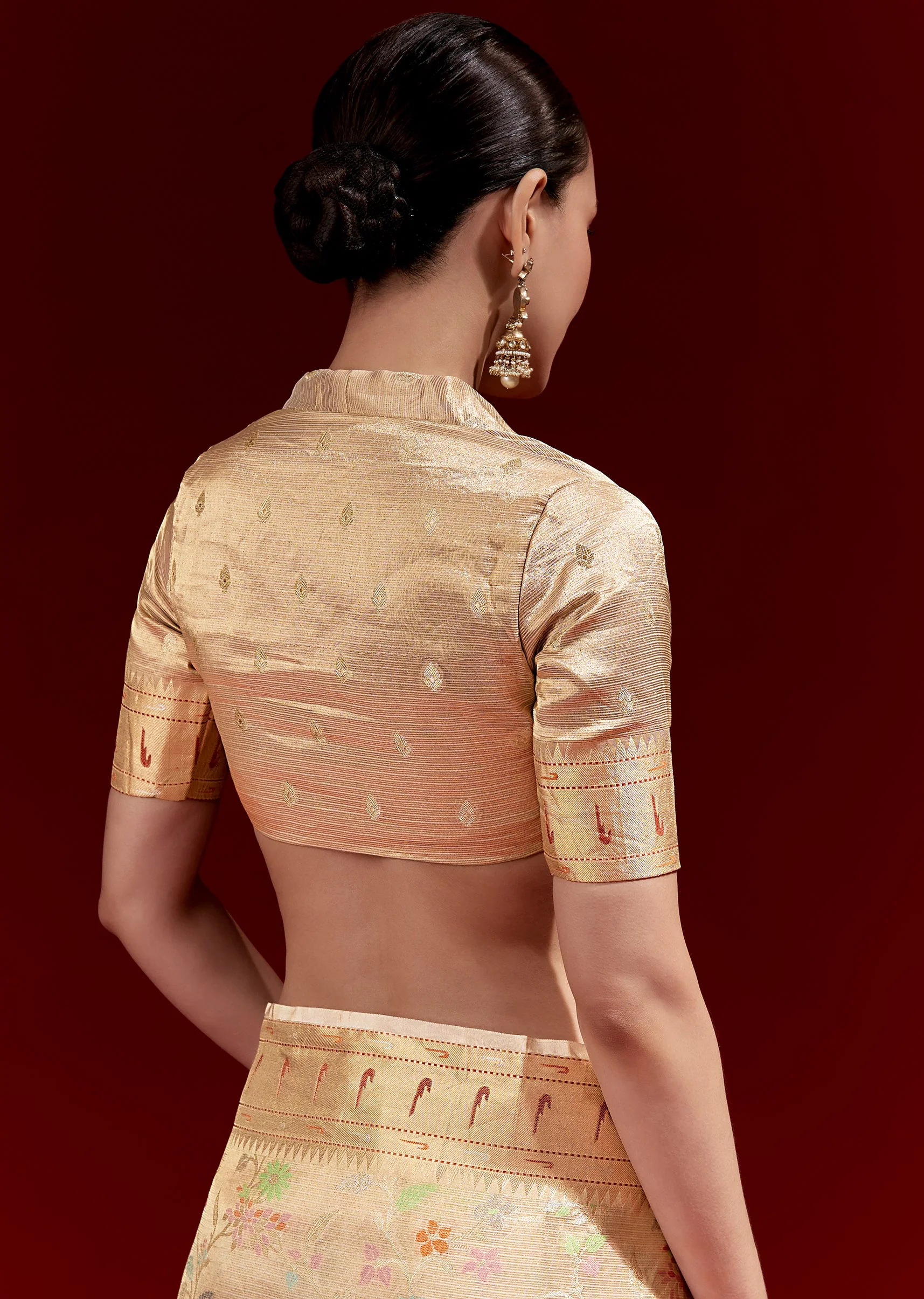 Golden Banarasi Tissue Saree With Multicolour Floral Weave And Paithani Motif Border
