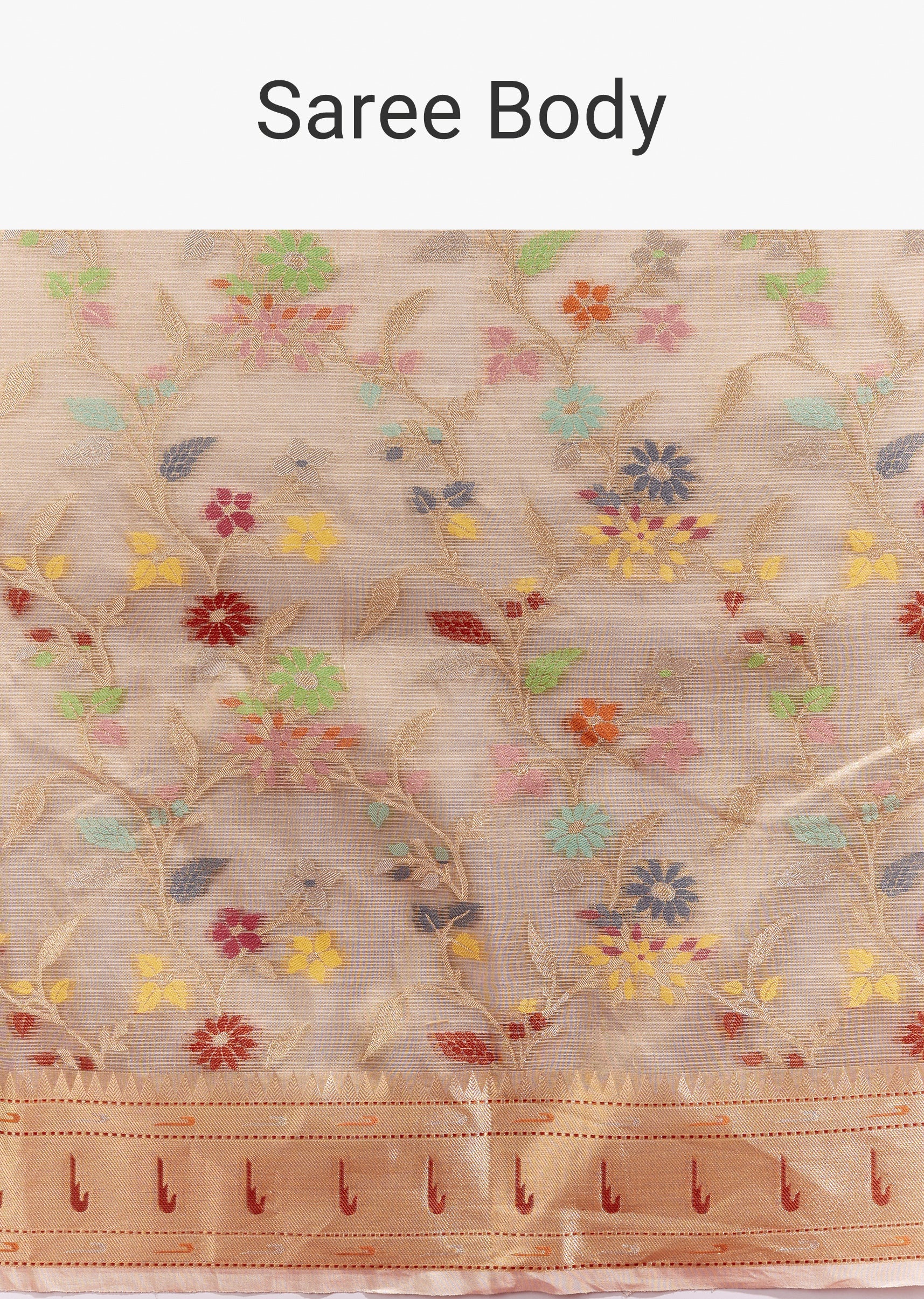 Golden Banarasi Tissue Saree With Multicolour Floral Weave And Paithani Motif Border