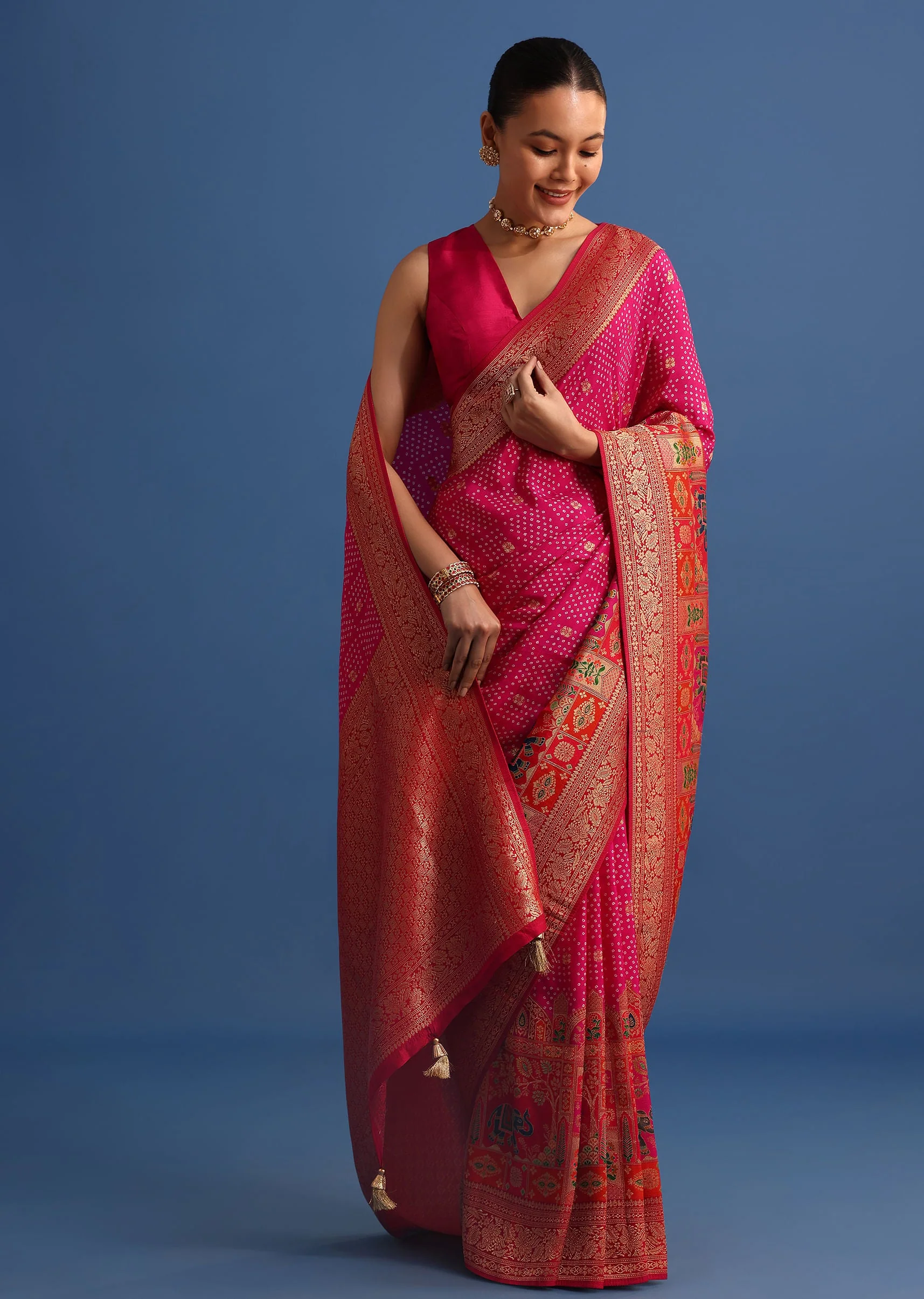 Rani Pink Banarasi Bandhani Satin Saree With Brocade Motifs On Border