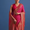 Rani Pink Banarasi Bandhani Satin Saree With Brocade Motifs On Border