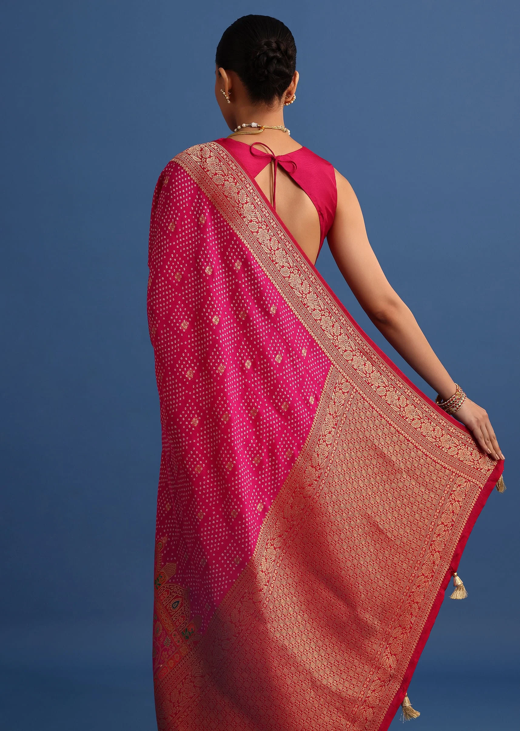Rani Pink Banarasi Bandhani Satin Saree With Brocade Motifs On Border