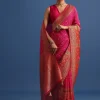 Rani Pink Banarasi Bandhani Satin Saree With Brocade Motifs On Border
