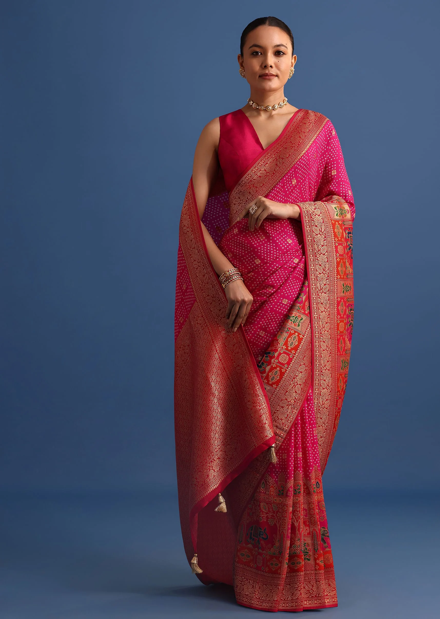 21358-unstitched-fabric-only-unstitched-fabric-only-variation-1.webp Rani Pink Banarasi Bandhani Satin Saree With Brocade Motifs On Border