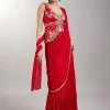 Red Pre Draped Saree With Zardosi Blouse
