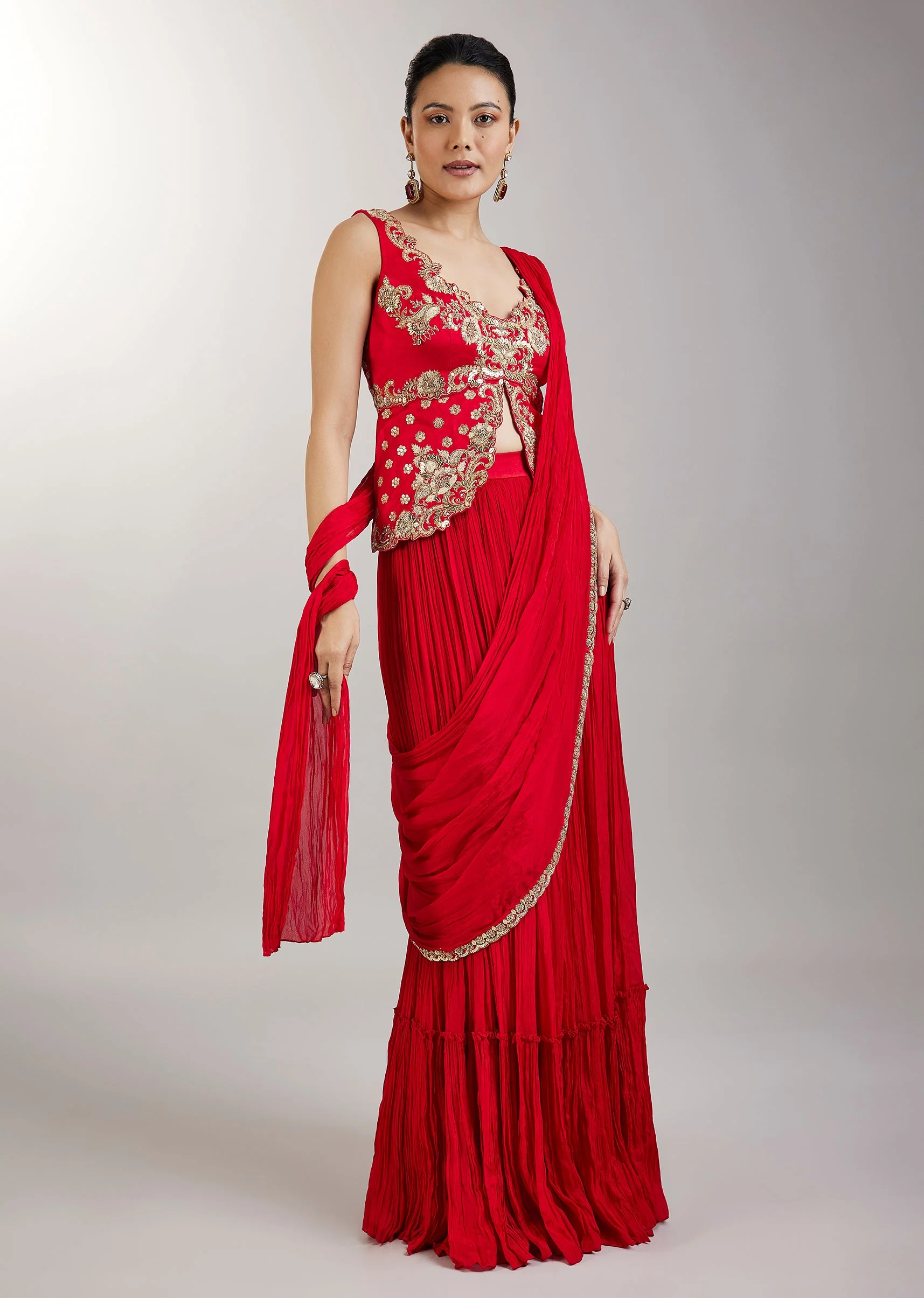 Red Pre Draped Saree With Zardosi Blouse
