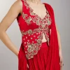 Red Pre Draped Saree With Zardosi Blouse