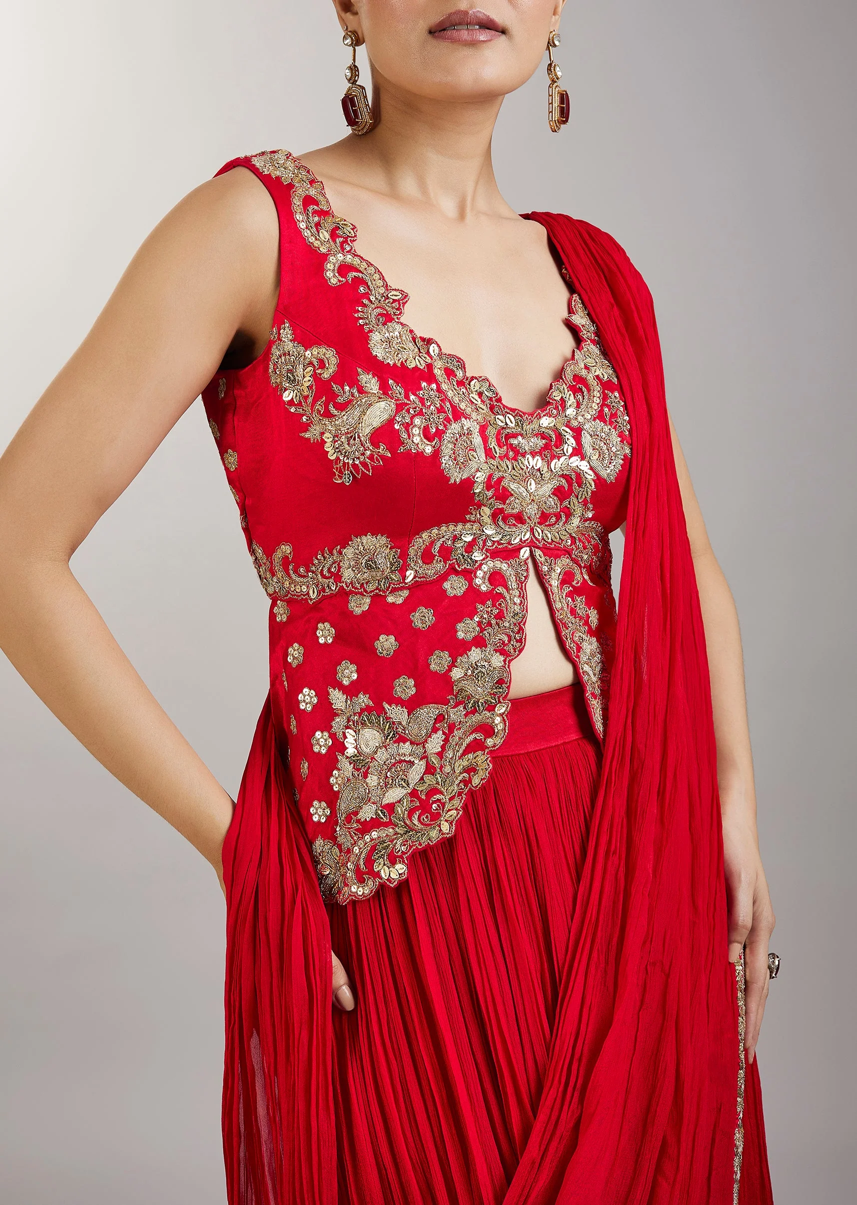 Red Pre Draped Saree With Zardosi Blouse