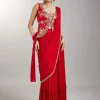 Red Pre Draped Saree With Zardosi Blouse