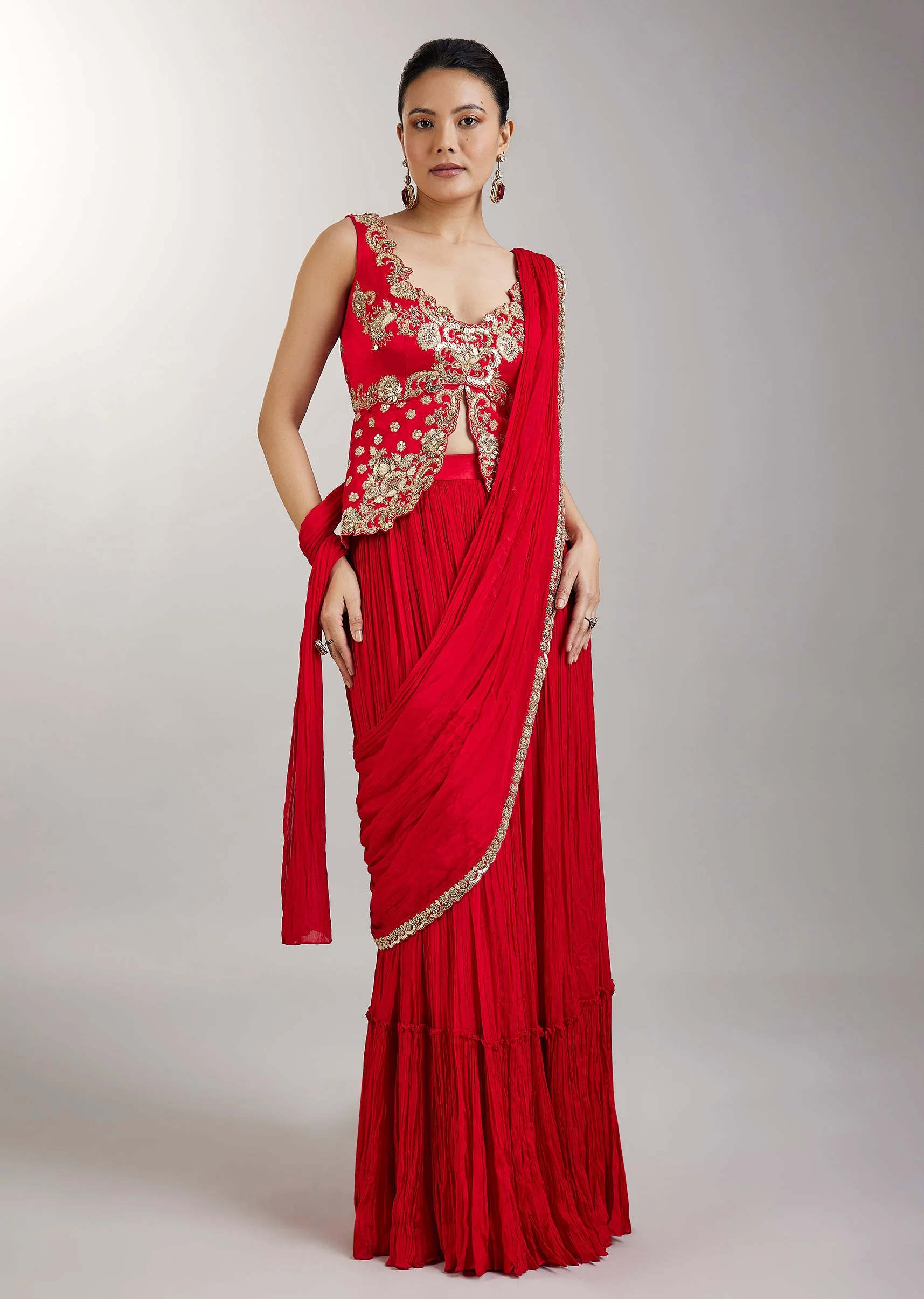 Red Pre Draped Saree With Zardosi Blouse