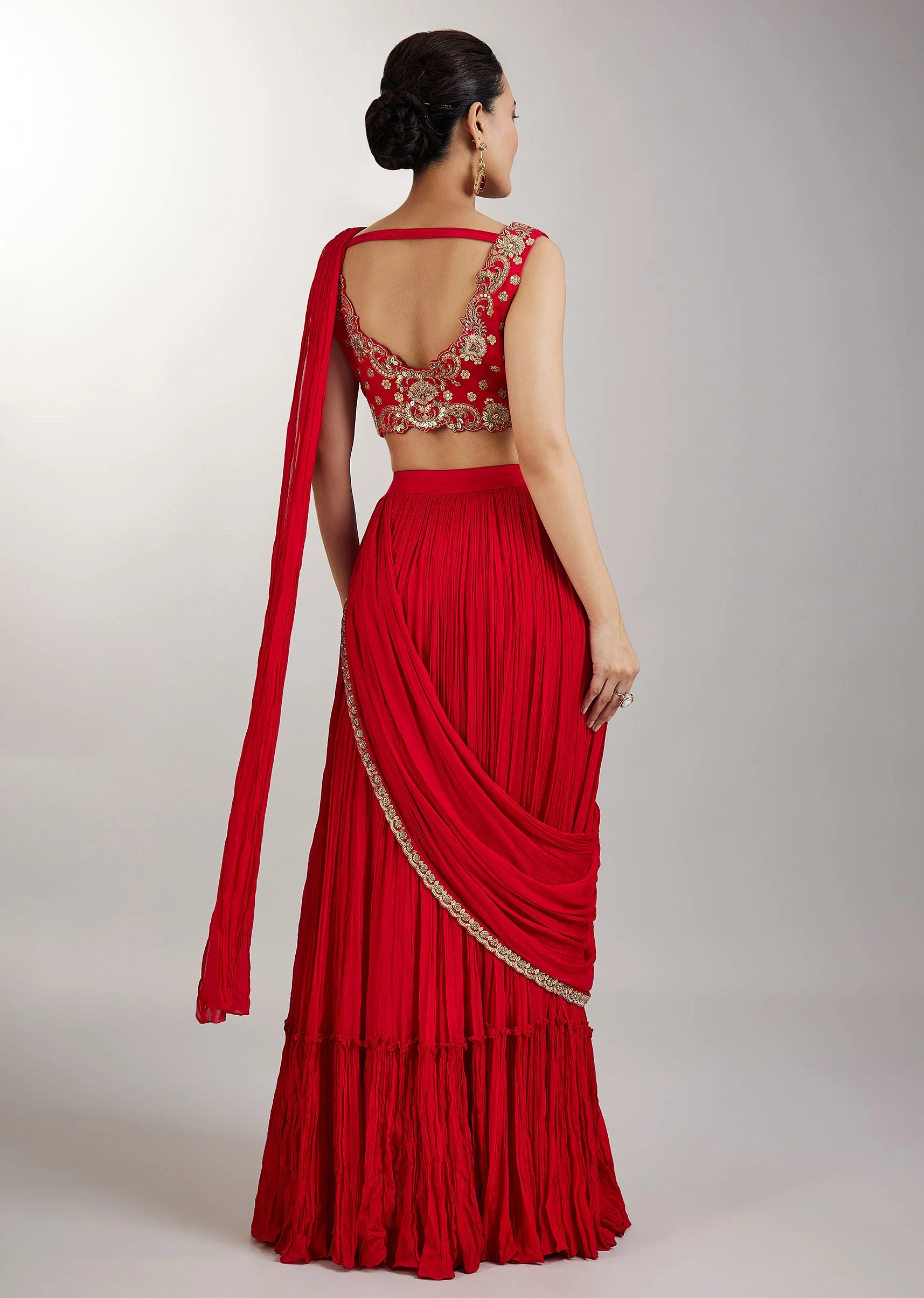 Red Pre Draped Saree With Zardosi Blouse
