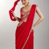 Red Pre Draped Saree With Zardosi Blouse