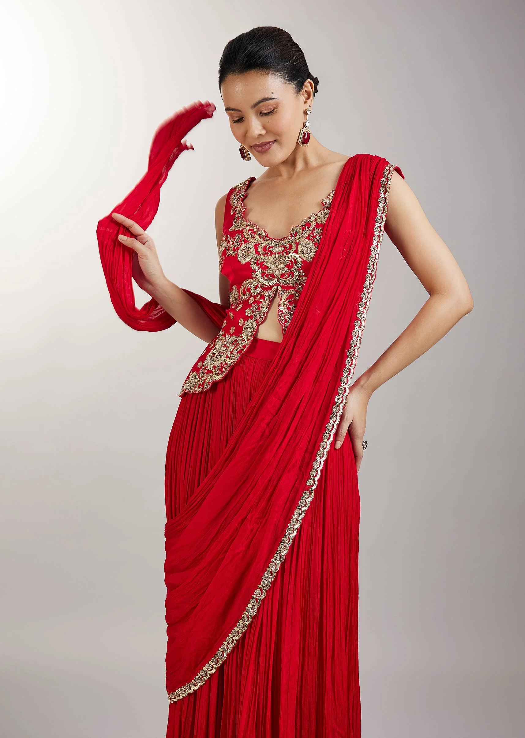Red Pre Draped Saree With Zardosi Blouse