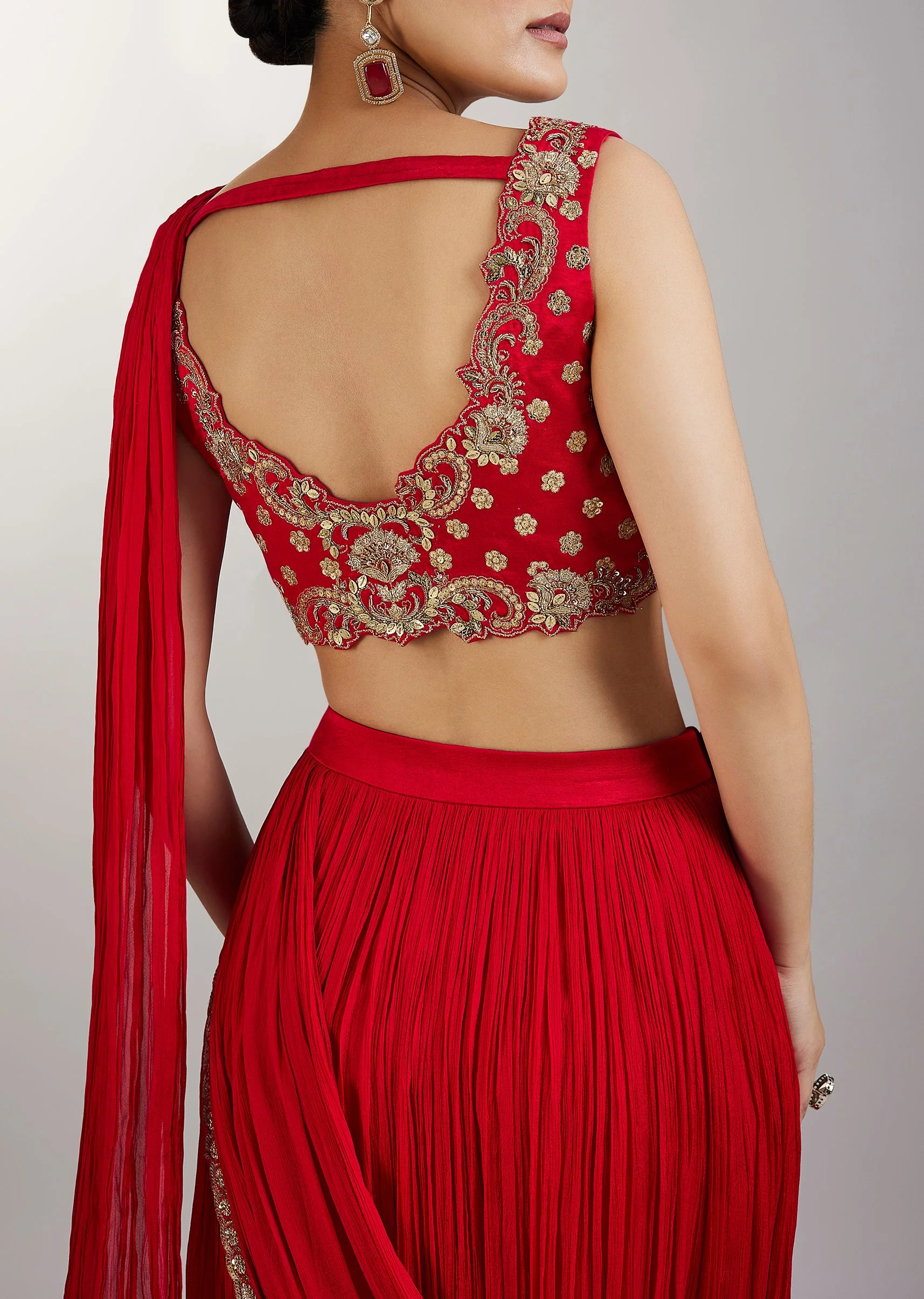 Red Pre Draped Saree With Zardosi Blouse
