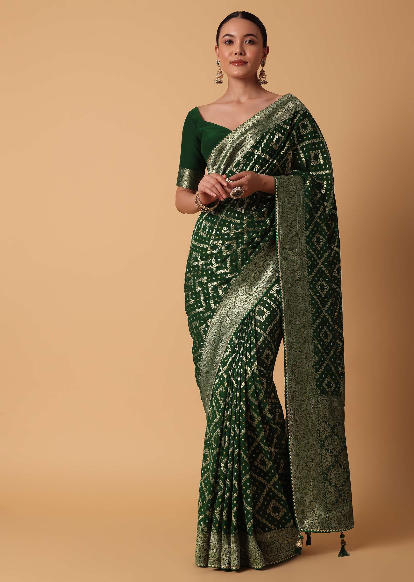 21389-green-banarasi-georgette-saree-with-zari-bandhani-weave-and-unstitched-blouse-piece-1.jpg Green Banarasi Georgette Saree With Zari Bandhani Weave And Unstitched Blouse Piece