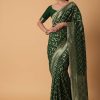 Green Banarasi Georgette Saree With Zari Bandhani Weave And Unstitched Blouse Piece