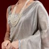 Metallic Blue Banarasi Tissue Saree With Micro Geometric Weave And Floral Woven Border