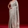Metallic Blue Banarasi Tissue Saree With Micro Geometric Weave And Floral Woven Border
