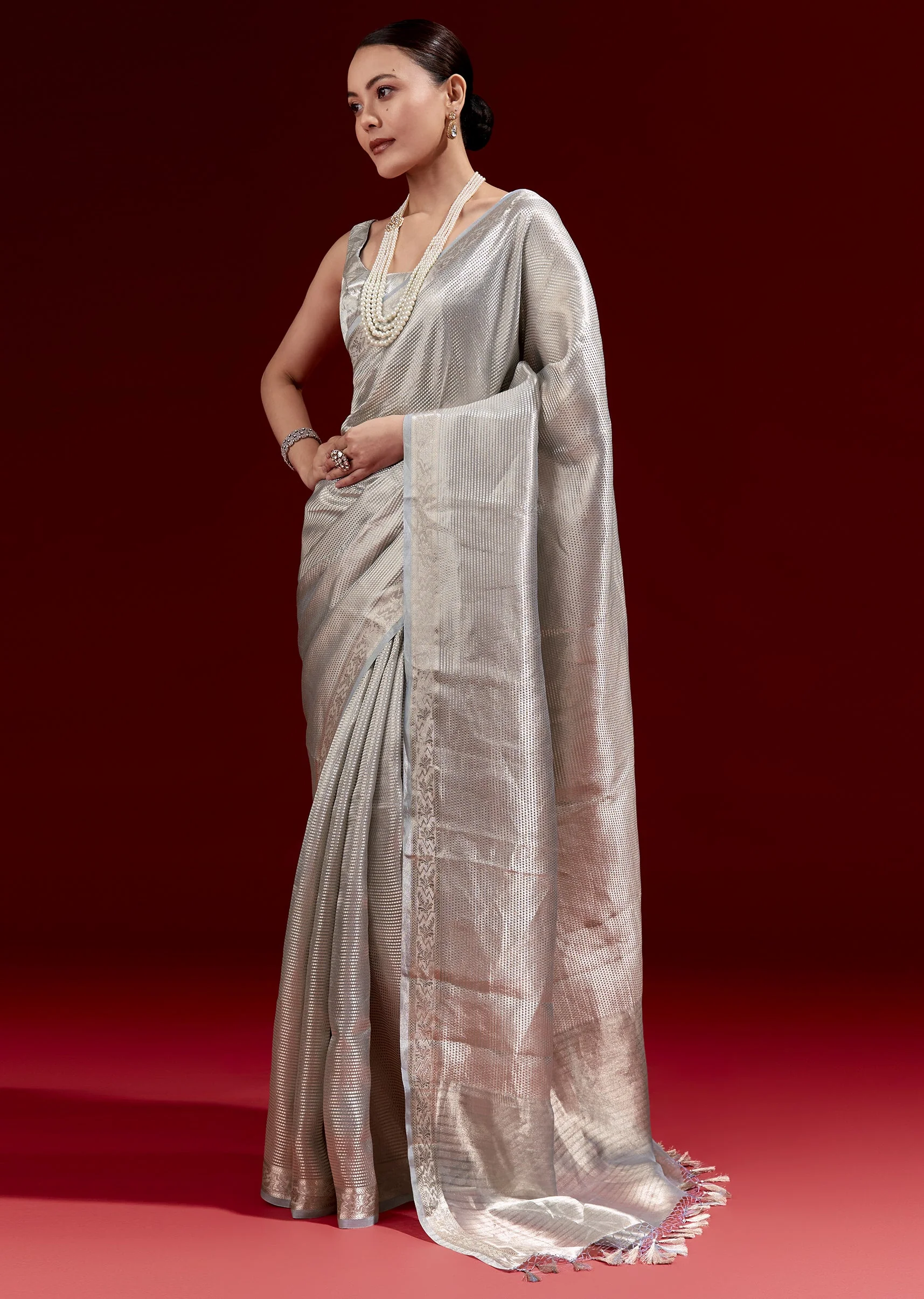 Metallic Blue Banarasi Tissue Saree With Micro Geometric Weave And Floral Woven Border