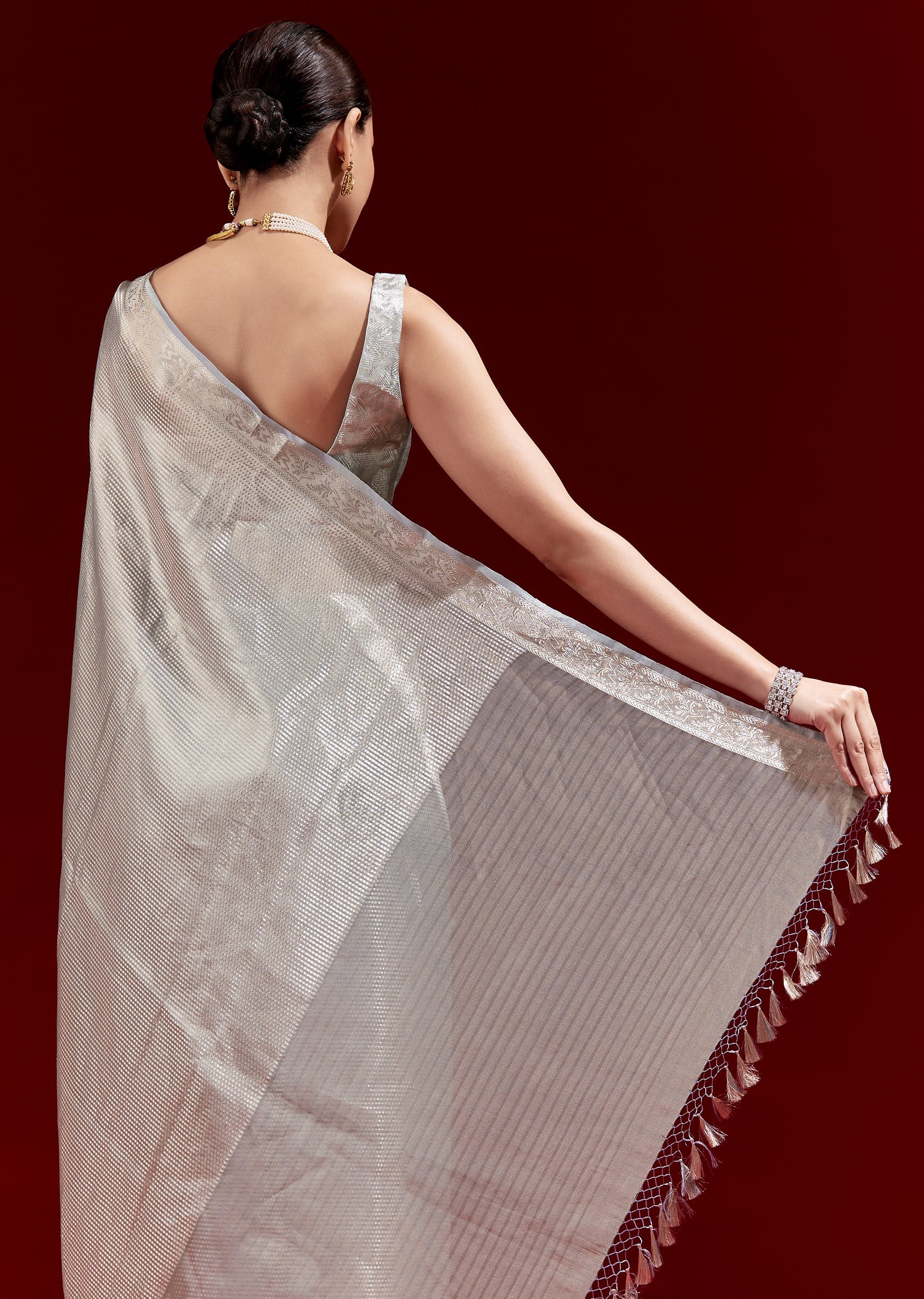 Metallic Blue Banarasi Tissue Saree With Micro Geometric Weave And Floral Woven Border
