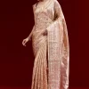 Peach Banarasi Tissue Saree With Broad Border Geometric Stripes And Embroidered Belt