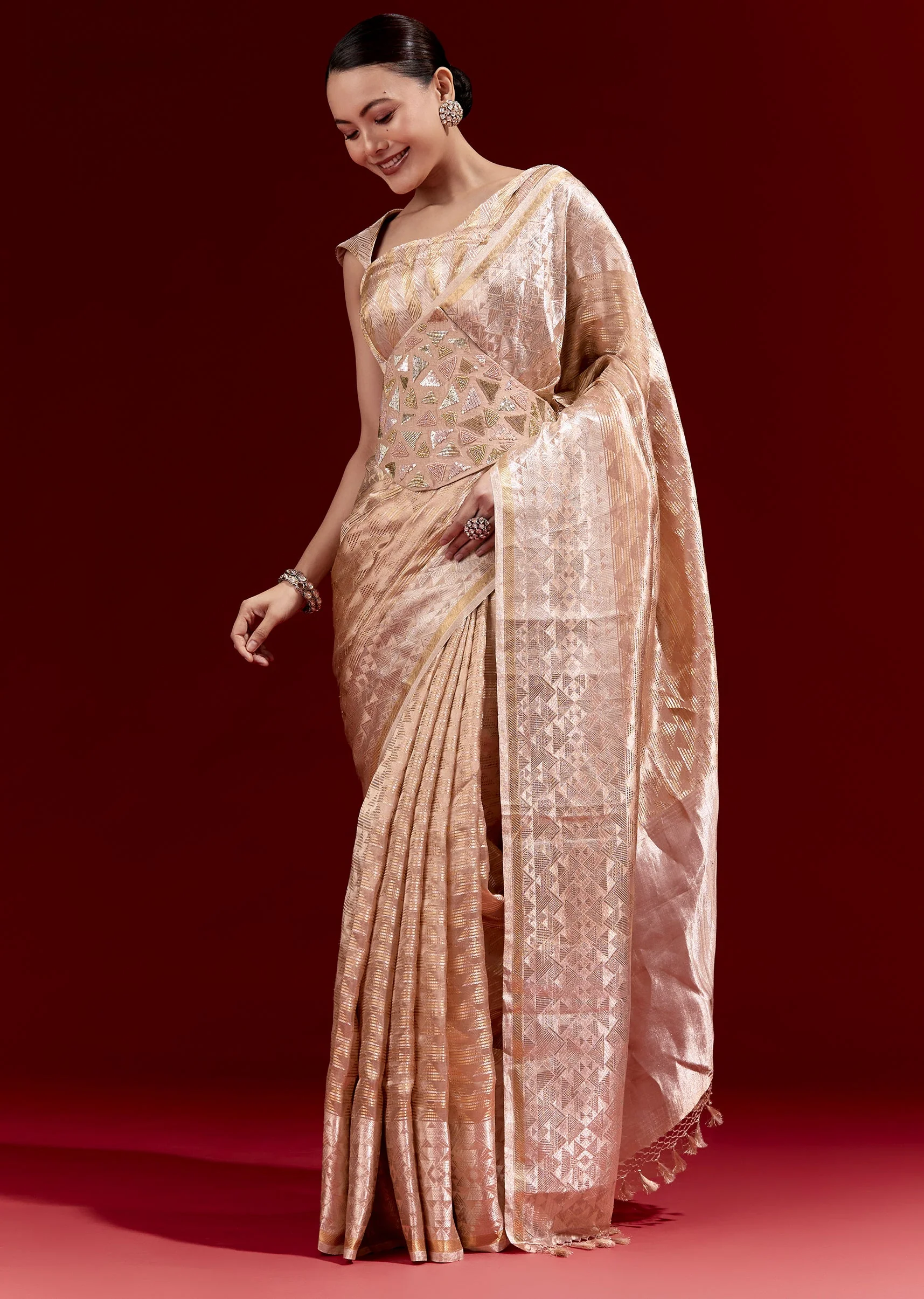 21432-peach-banarasi-tissue-saree-with-broad-border-geometric-stripes-and-embroidered-belt-1.webp Peach Banarasi Tissue Saree With Broad Border Geometric Stripes And Embroidered Belt