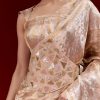 Peach Banarasi Tissue Saree With Broad Border Geometric Stripes And Embroidered Belt