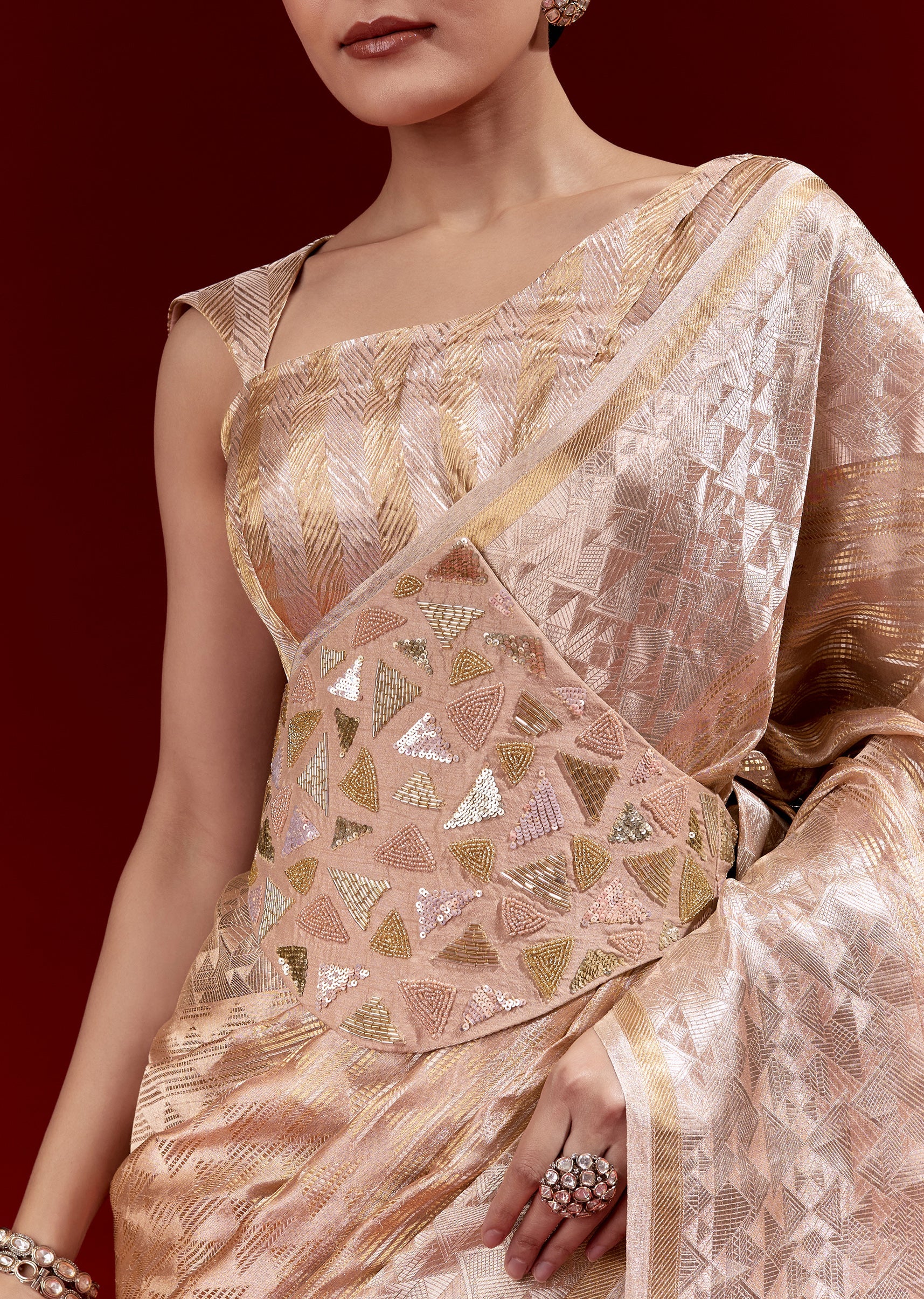 Peach Banarasi Tissue Saree With Broad Border Geometric Stripes And Embroidered Belt