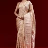 Peach Banarasi Tissue Saree With Broad Border Geometric Stripes And Embroidered Belt