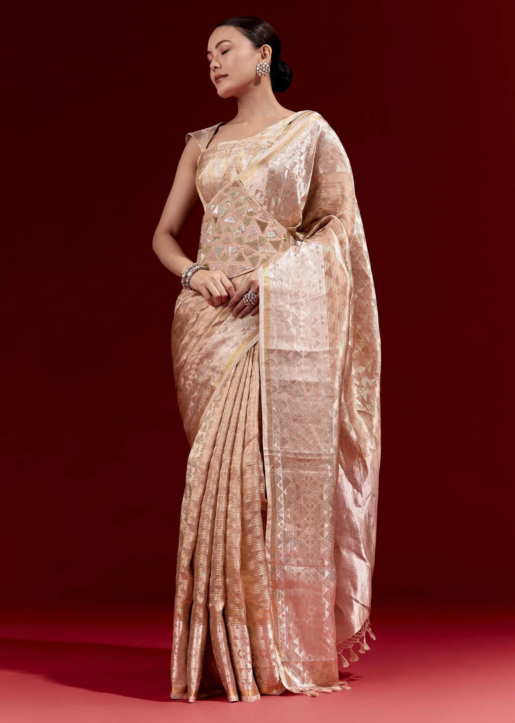 Peach Banarasi Tissue Saree With Broad Border Geometric Stripes And Embroidered Belt