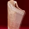Peach Banarasi Tissue Saree With Broad Border Geometric Stripes And Embroidered Belt
