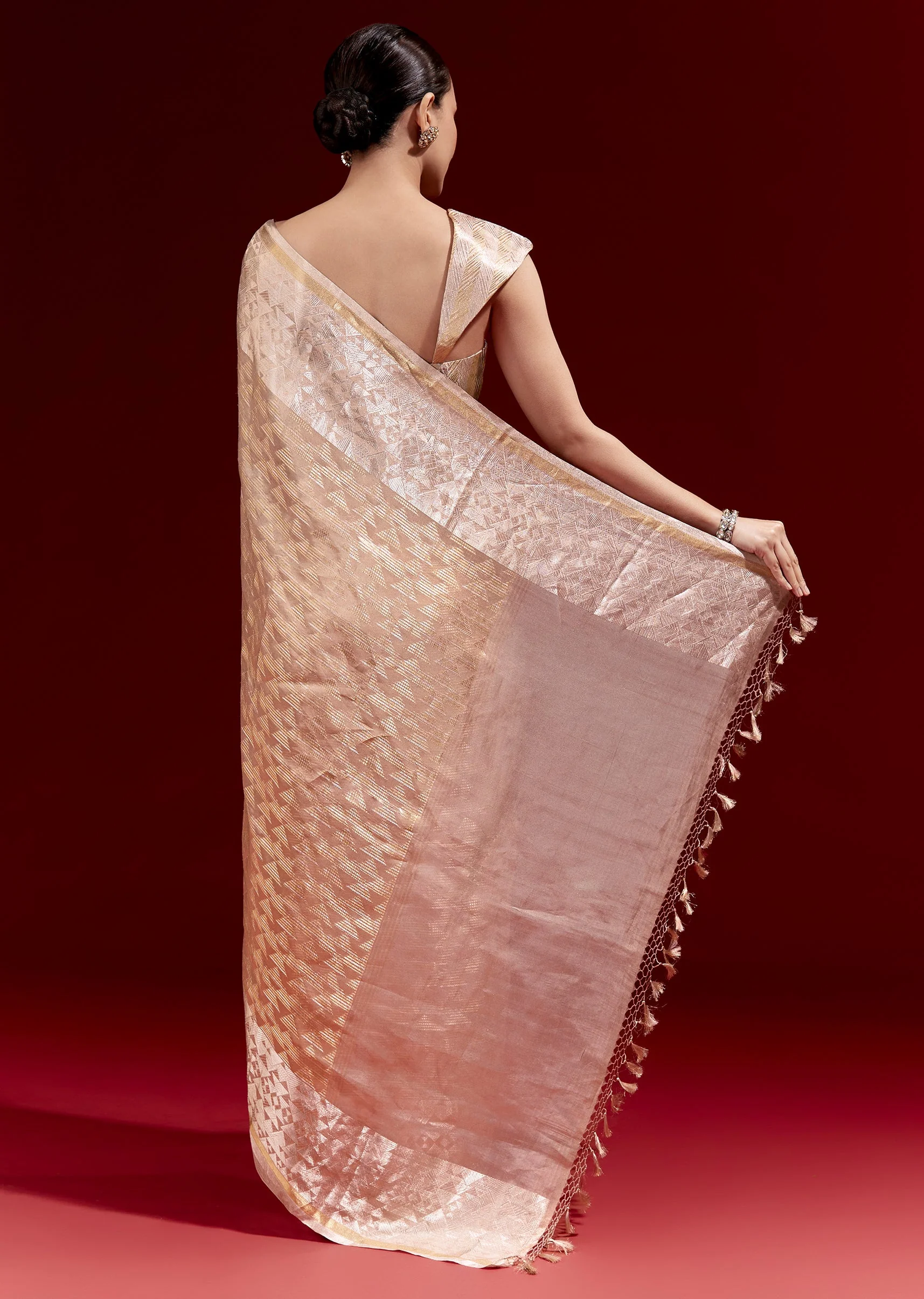 Peach Banarasi Tissue Saree With Broad Border Geometric Stripes And Embroidered Belt