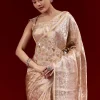 Peach Banarasi Tissue Saree With Broad Border Geometric Stripes And Embroidered Belt