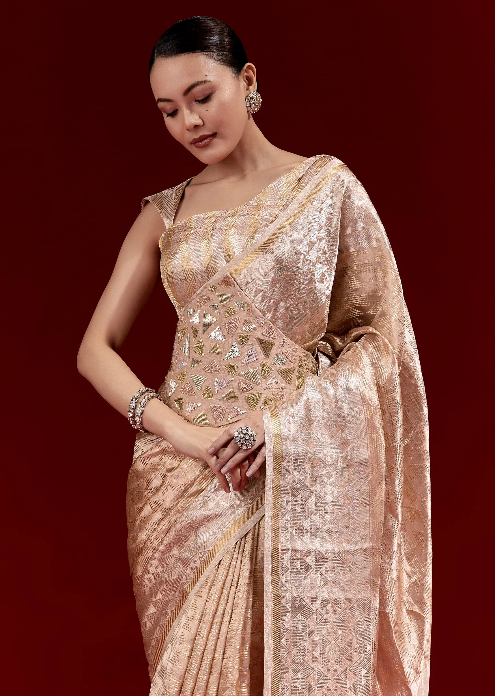 Peach Banarasi Tissue Saree With Broad Border Geometric Stripes And Embroidered Belt