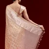 Peach Banarasi Tissue Saree With Broad Border Geometric Stripes And Embroidered Belt