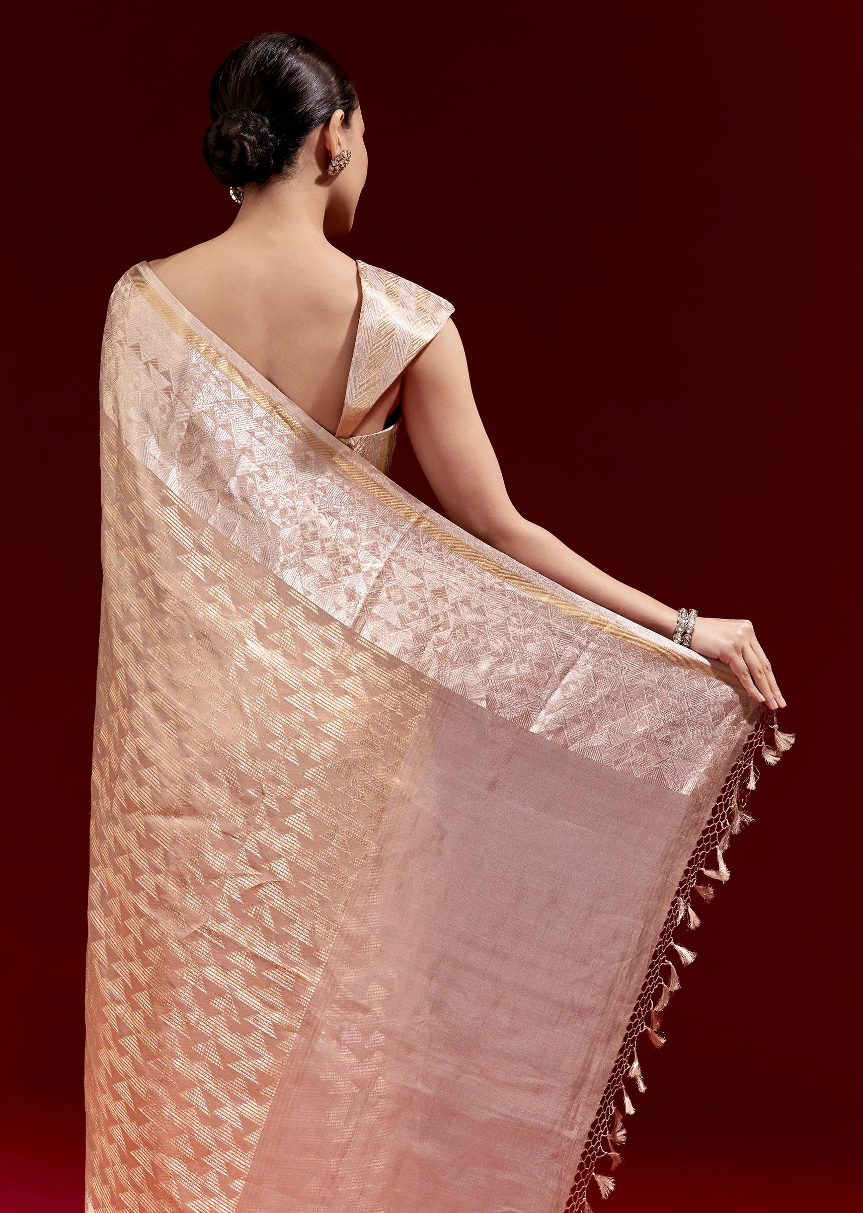 Peach Banarasi Tissue Saree With Broad Border Geometric Stripes And Embroidered Belt