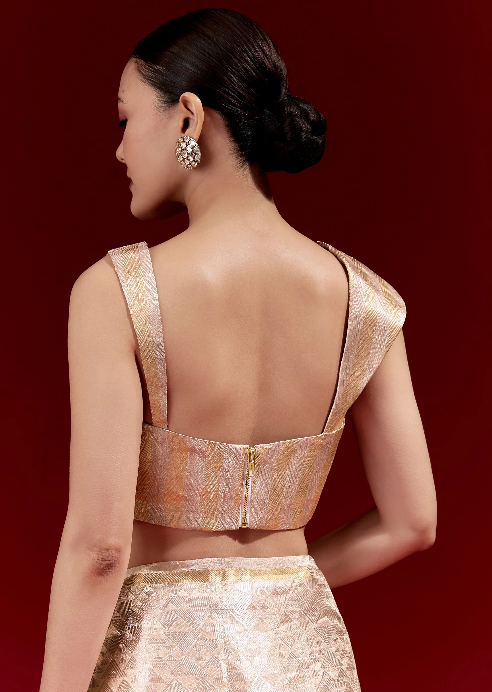 Peach Banarasi Tissue Saree With Broad Border Geometric Stripes And Embroidered Belt