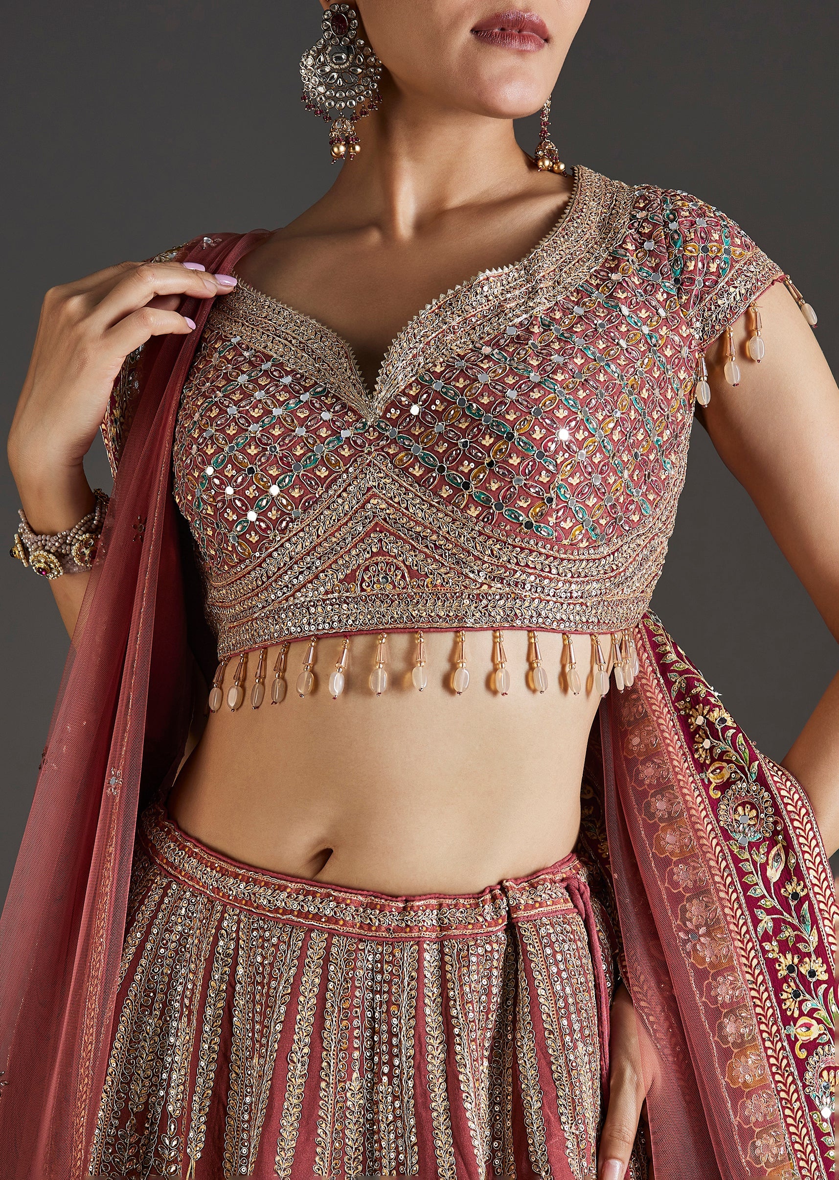 Pink Printed Lehenga With Mirror And Stone Accents